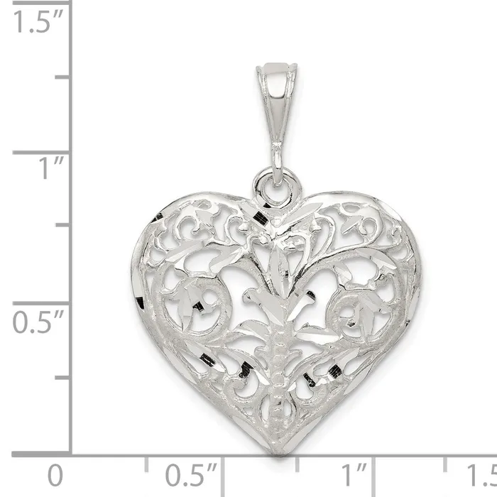 TreasureFineJewelers Necklaces Sterling Silver Polished Filigree Heart Pendant