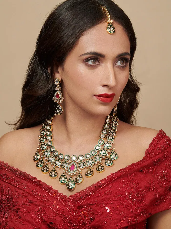 Curio Cottage Necklaces Emerald Green Enamel And Red Stone Long Bridal Necklace Set