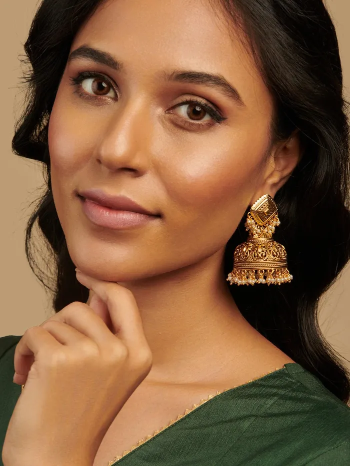 Curio Cottage PreStyled Sets 22K Gold Plated Intricate Handcrafted Jhumkas