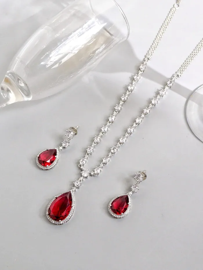 Necklaces Garnet Glow Drop CZ Necklace Set Curio Cottage