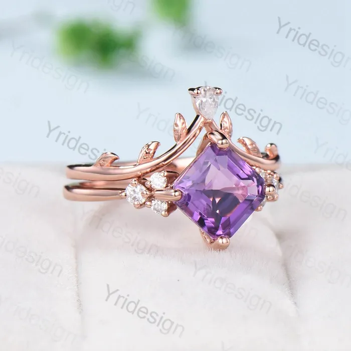 7mm Asscher Cut Amethyst Wedding Ring Set Cluster Moissanite Purple Crystal Engagement Ring Leaf Branch Nature Inspired Bridal Set For Women PENFINE Rings
