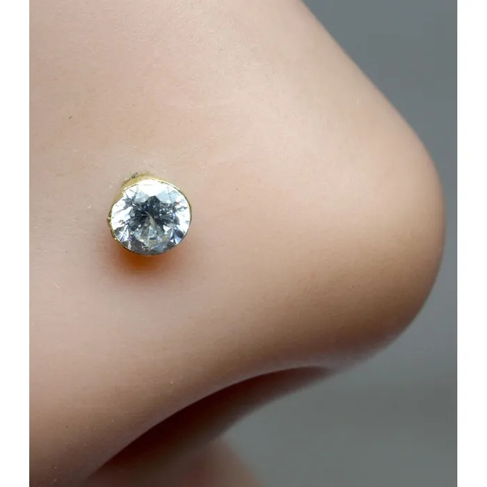 Karizma Jewels Earrings Real Gold Nose stud 14K Ethnic White CZ Indian Piercing Screw Nose stud