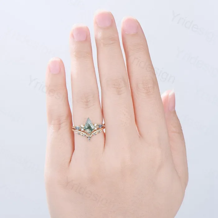 Natural Kite Cut Green Moss Agate Engagement Ring Set Seven Stone Silver Yellow Gold Cluster Alexandrite Wedding Ring Set Ring Leaf Band PENFINE Rings Natural Kite Cut Green Moss Agate Engagement Ring Set Seven Stone Silver Yellow Gold Cluster Alexandrite Wedding Ring Set Ring Leaf Band PENFINE Rings