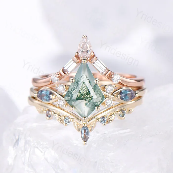 Natural Kite Cut Green Moss Agate Engagement Ring Set Seven Stone Silver Yellow Gold Cluster Alexandrite Wedding Ring Set Ring Leaf Band PENFINE Rings Natural Kite Cut Green Moss Agate Engagement Ring Set Seven Stone Silver Yellow Gold Cluster Alexandrite Wedding Ring Set Ring Leaf Band PENFINE Rings