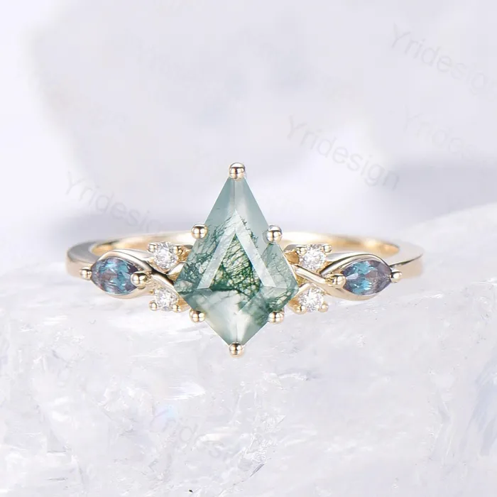 Natural Kite Cut Green Moss Agate Engagement Ring Set Seven Stone Silver Yellow Gold Cluster Alexandrite Wedding Ring Set Ring Leaf Band PENFINE Rings Natural Kite Cut Green Moss Agate Engagement Ring Set Seven Stone Silver Yellow Gold Cluster Alexandrite Wedding Ring Set Ring Leaf Band PENFINE Rings