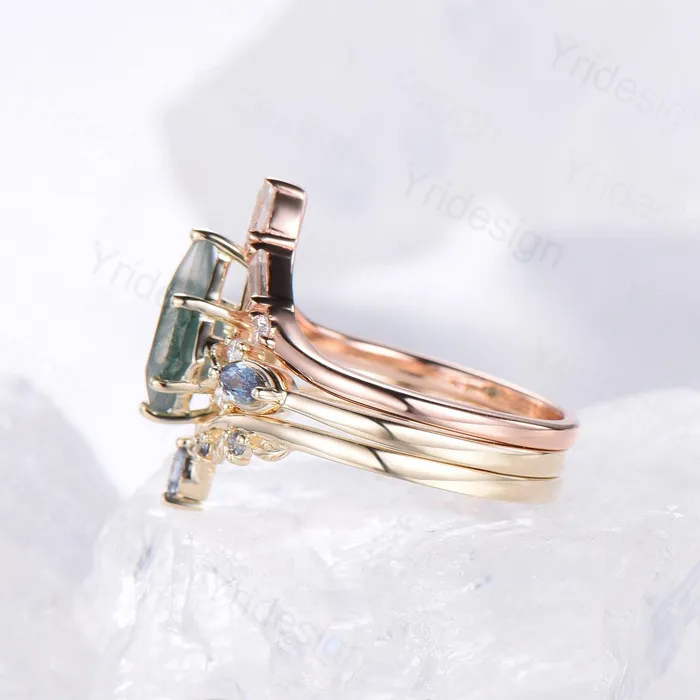 Natural Kite Cut Green Moss Agate Engagement Ring Set Seven Stone Silver Yellow Gold Cluster Alexandrite Wedding Ring Set Ring Leaf Band PENFINE Rings Natural Kite Cut Green Moss Agate Engagement Ring Set Seven Stone Silver Yellow Gold Cluster Alexandrite Wedding Ring Set Ring Leaf Band PENFINE Rings