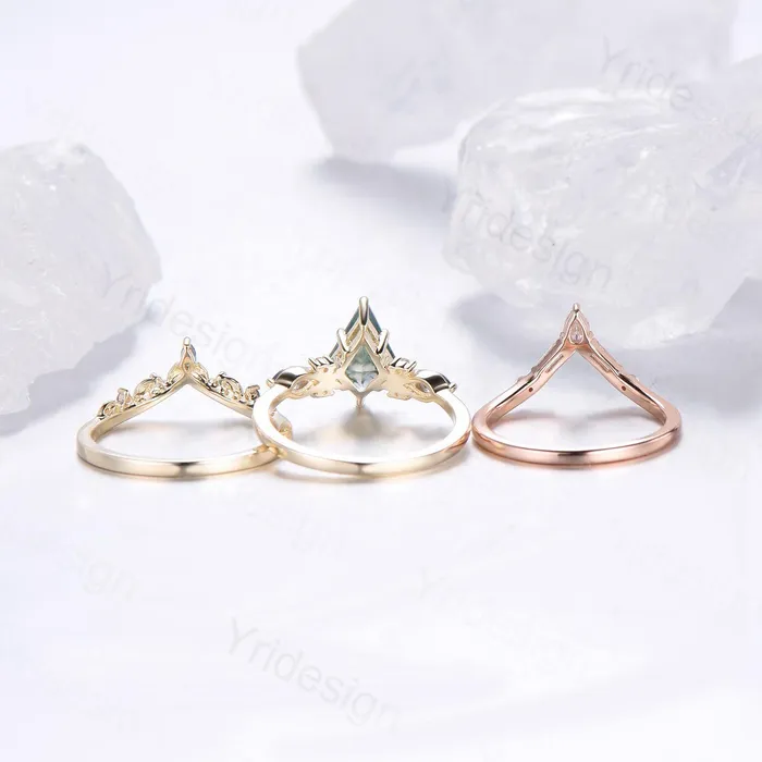 Natural Kite Cut Green Moss Agate Engagement Ring Set Seven Stone Silver Yellow Gold Cluster Alexandrite Wedding Ring Set Ring Leaf Band PENFINE Rings Natural Kite Cut Green Moss Agate Engagement Ring Set Seven Stone Silver Yellow Gold Cluster Alexandrite Wedding Ring Set Ring Leaf Band PENFINE Rings