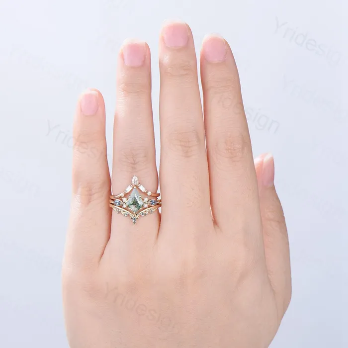 Natural Kite Cut Green Moss Agate Engagement Ring Set Seven Stone Silver Yellow Gold Cluster Alexandrite Wedding Ring Set Ring Leaf Band PENFINE Rings Natural Kite Cut Green Moss Agate Engagement Ring Set Seven Stone Silver Yellow Gold Cluster Alexandrite Wedding Ring Set Ring Leaf Band PENFINE Rings