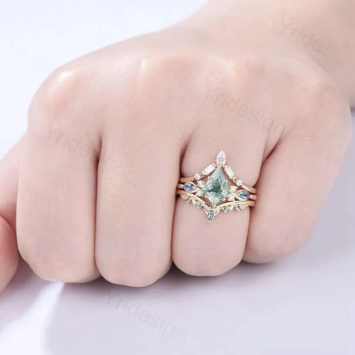 Natural Kite Cut Green Moss Agate Engagement Ring Set Seven Stone Silver Yellow Gold Cluster Alexandrite Wedding Ring Set Ring Leaf Band PENFINE Rings Natural Kite Cut Green Moss Agate Engagement Ring Set Seven Stone Silver Yellow Gold Cluster Alexandrite Wedding Ring Set Ring Leaf Band PENFINE Rings