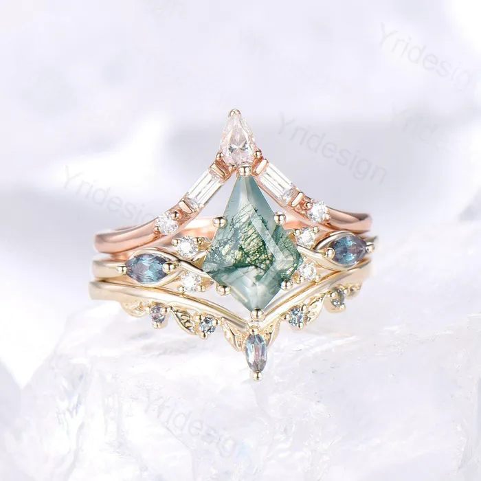 Natural Kite Cut Green Moss Agate Engagement Ring Set Seven Stone Silver Yellow Gold Cluster Alexandrite Wedding Ring Set Ring Leaf Band PENFINE Rings Natural Kite Cut Green Moss Agate Engagement Ring Set Seven Stone Silver Yellow Gold Cluster Alexandrite Wedding Ring Set Ring Leaf Band PENFINE Rings