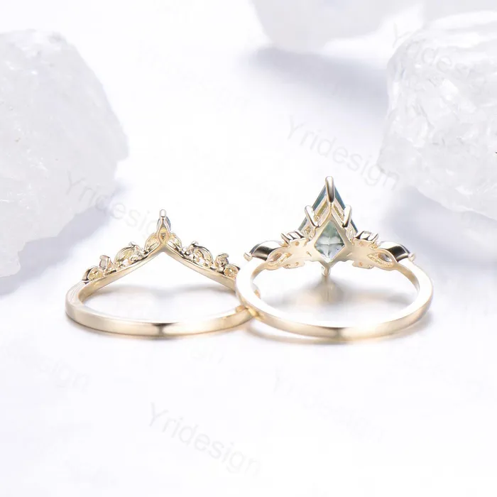 Natural Kite Cut Green Moss Agate Engagement Ring Set Seven Stone Silver Yellow Gold Cluster Alexandrite Wedding Ring Set Ring Leaf Band PENFINE Rings Natural Kite Cut Green Moss Agate Engagement Ring Set Seven Stone Silver Yellow Gold Cluster Alexandrite Wedding Ring Set Ring Leaf Band PENFINE Rings