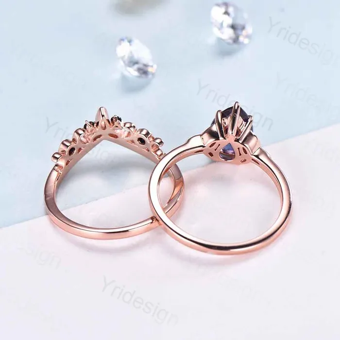 PENFINE Rings Celtic Knot Norse Viking Alexandrite Engagement Ring Set Unique Pear Alexandrite Wedding RingCurved Black Spinel Matching Band Bridal Sets