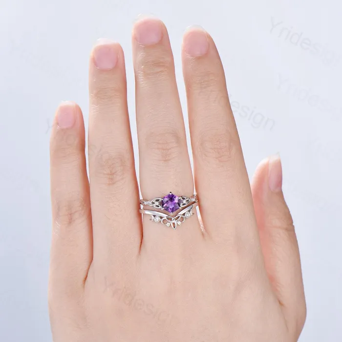 PENFINE Rings Norse Viking Royal Cut Amethyst Ring Set Celtic Love Hexagon Cut Amethyst Engagement Ring Vintage February Birthstone Wedding Ring For Women