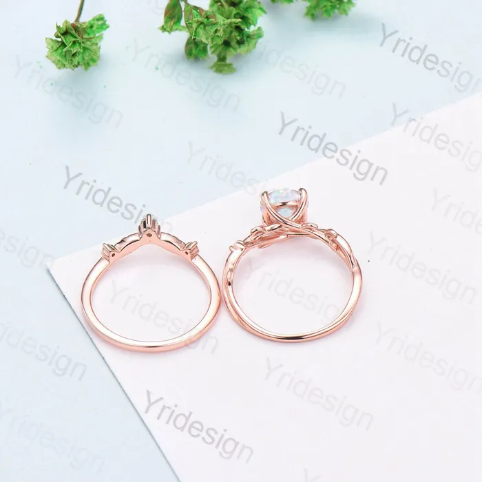 PENFINE Rings Twig Opal Engagement Ring Set Rose Gold Natural Inspired Branch Opal Amethyst Wedding Ring Set Women Unique Leaf anniversary promise ring