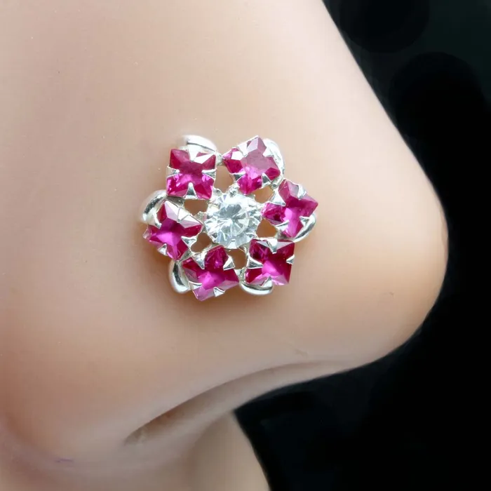 Real Sterling Silver Pink White CZ Studded Nose ring Push Pin Karizma Jewels Rings