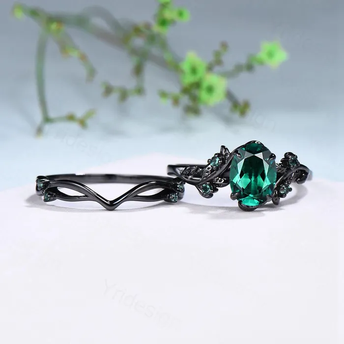 Rings PENFINE Unique black gold emerald ring set Nature Inspired oval emerald engagement ring vintage May birthstone leaf vine wedding ring set for women
