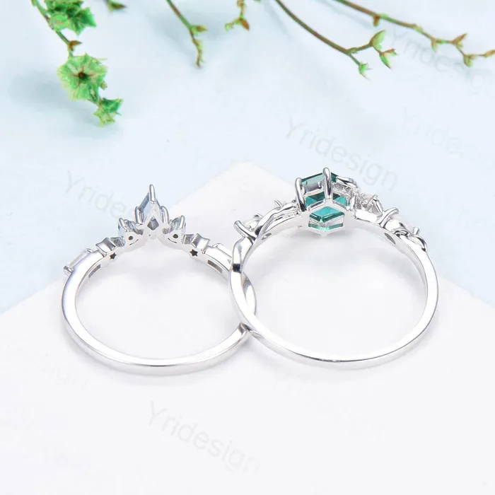 Rings Unique emerald wedding ring set Nature Inspired opal lab emerald engagement ring set moon star alexandrite stacking band bridal set women PENFINE Rings Unique emerald wedding ring set Nature Inspired opal lab emerald engagement ring set moon star alexandrite stacking band bridal set women PENFINE