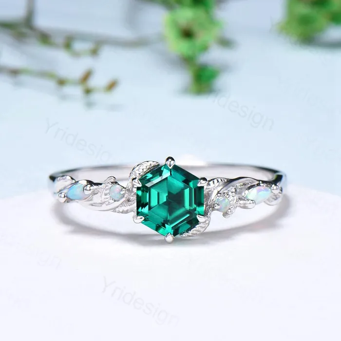 Rings Unique emerald wedding ring set Nature Inspired opal lab emerald engagement ring set moon star alexandrite stacking band bridal set women PENFINE Rings Unique emerald wedding ring set Nature Inspired opal lab emerald engagement ring set moon star alexandrite stacking band bridal set women PENFINE