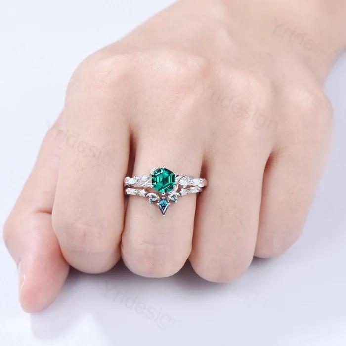 Rings Unique emerald wedding ring set Nature Inspired opal lab emerald engagement ring set moon star alexandrite stacking band bridal set women PENFINE Rings Unique emerald wedding ring set Nature Inspired opal lab emerald engagement ring set moon star alexandrite stacking band bridal set women PENFINE