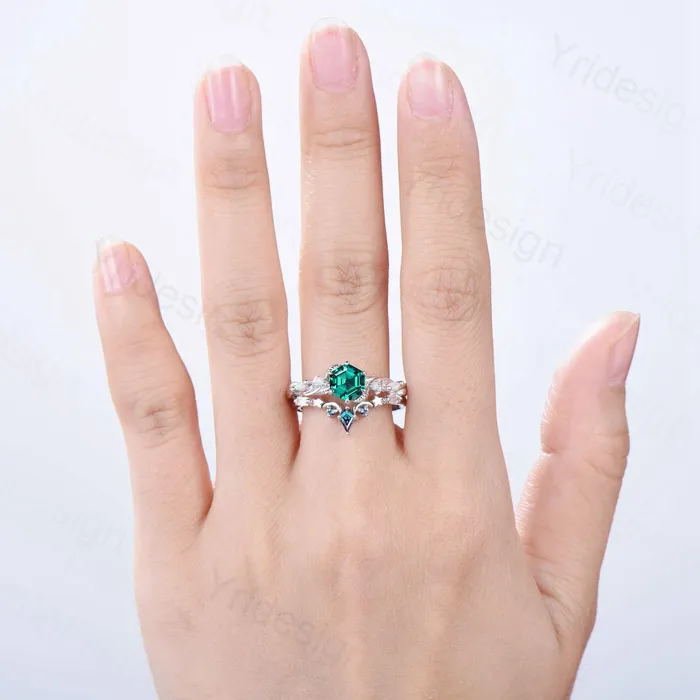 Rings Unique emerald wedding ring set Nature Inspired opal lab emerald engagement ring set moon star alexandrite stacking band bridal set women PENFINE Rings Unique emerald wedding ring set Nature Inspired opal lab emerald engagement ring set moon star alexandrite stacking band bridal set women PENFINE