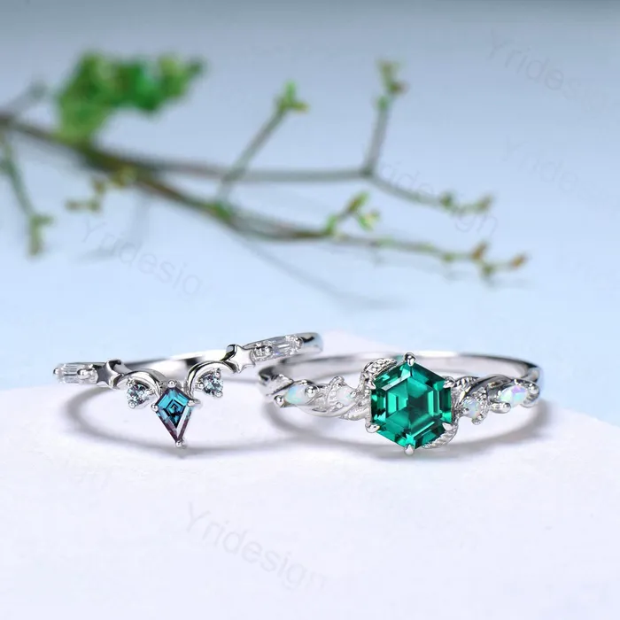 Rings Unique emerald wedding ring set Nature Inspired opal lab emerald engagement ring set moon star alexandrite stacking band bridal set women PENFINE Rings Unique emerald wedding ring set Nature Inspired opal lab emerald engagement ring set moon star alexandrite stacking band bridal set women PENFINE