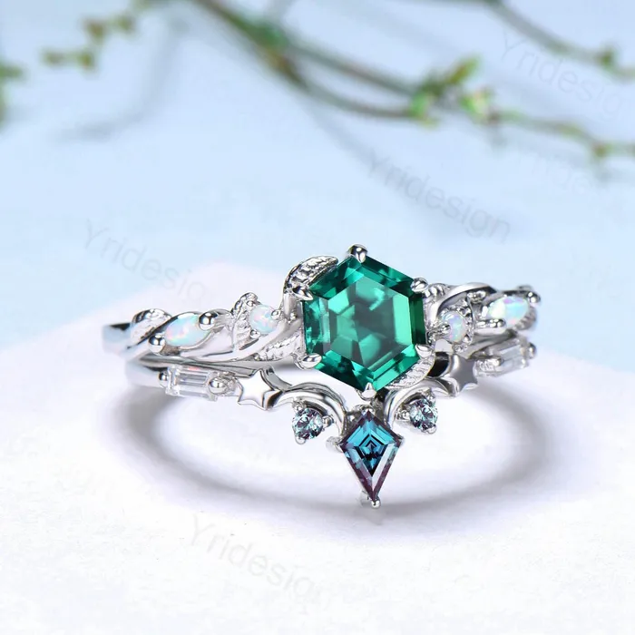 Rings Unique emerald wedding ring set Nature Inspired opal lab emerald engagement ring set moon star alexandrite stacking band bridal set women PENFINE Rings Unique emerald wedding ring set Nature Inspired opal lab emerald engagement ring set moon star alexandrite stacking band bridal set women PENFINE