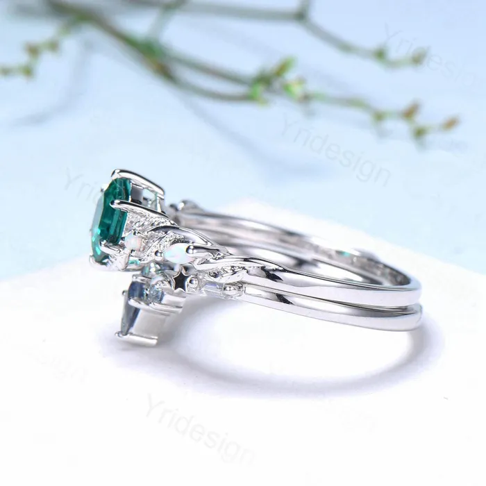 Rings Unique emerald wedding ring set Nature Inspired opal lab emerald engagement ring set moon star alexandrite stacking band bridal set women PENFINE Rings Unique emerald wedding ring set Nature Inspired opal lab emerald engagement ring set moon star alexandrite stacking band bridal set women PENFINE