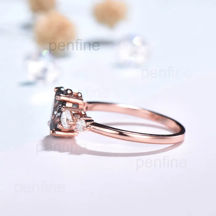 Unique Oval Black Rutilated Quartz Oh Engagement Ring Five Stone PENFINE Rings