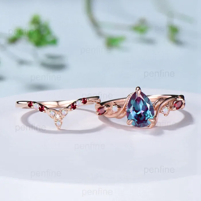Vintage Pear Shaped Alexandrite Engagement Ring Set Nature Inspired Opal Ruby Wedding Ring Set Unique Celtic Norse Viking Bridal Ring Set PENFINE Rings