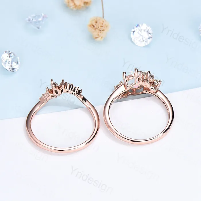 Vintage White Opal Engagement Ring Set Unique Cluster Moissanite Gold Wedding Ring For Women Anniversary Ring bridal ring set jewelry PENFINE Rings