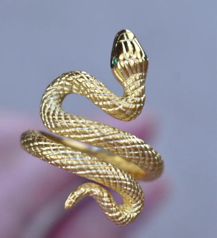 14K Gold Snake Ring with Natural Emerald Eyes Serpent Ring AlbrechtJewellery Rings