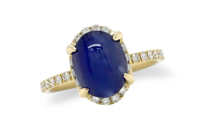 Albert Hern Ring 18kt Gold Oval Blue Sapphire Cabochon Diamonds Rings