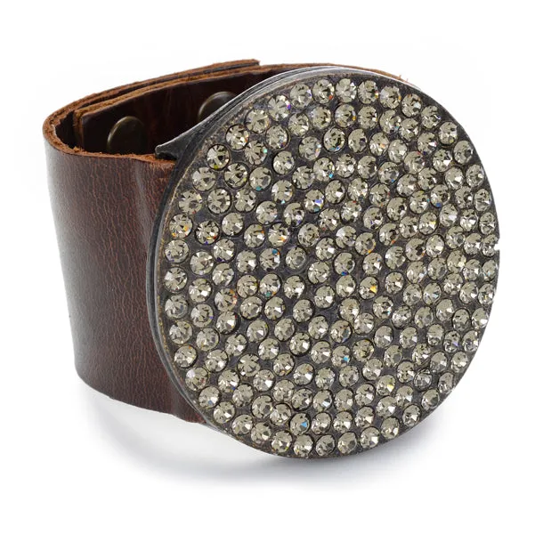 Bracelets Large Crystal Round Disc Leather Bracelet Rebel Designs Inc