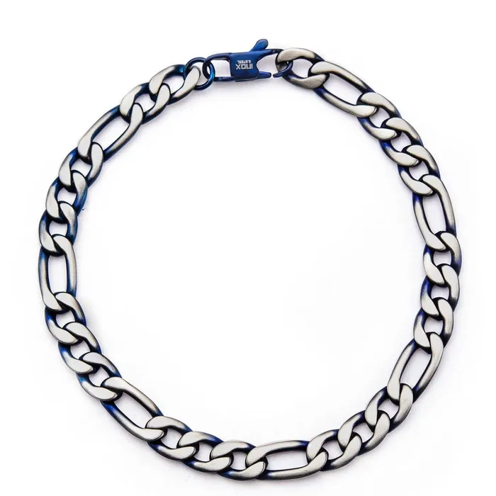 INOX JEWELRY Bracelets Blue and Silver Tone Stainless Steel Figaro Chain Denim Fade Bracelet