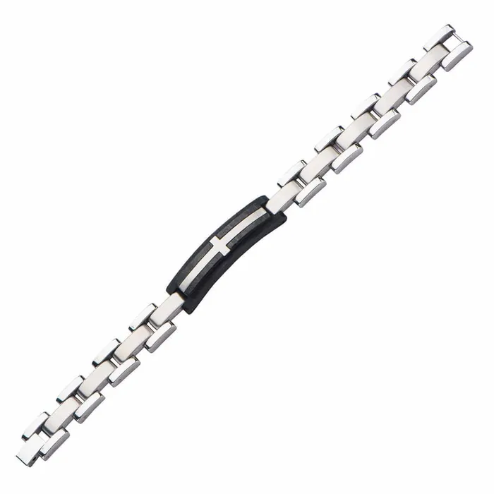 INOX JEWELRY Bracelets Silver Tone Stainless Steel and Black Carbon Graphite with Inlayed Cross ID Bracelet