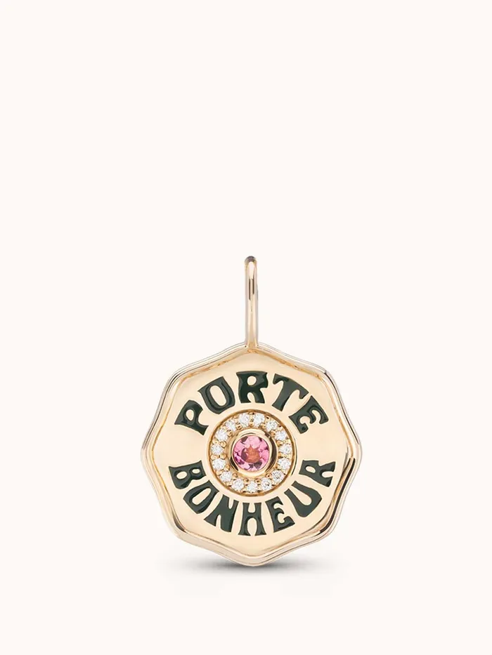Marlo Laz Mini Diamond Halo Porte Bonheur Charm Pink Tourmaline Charm Necklaces