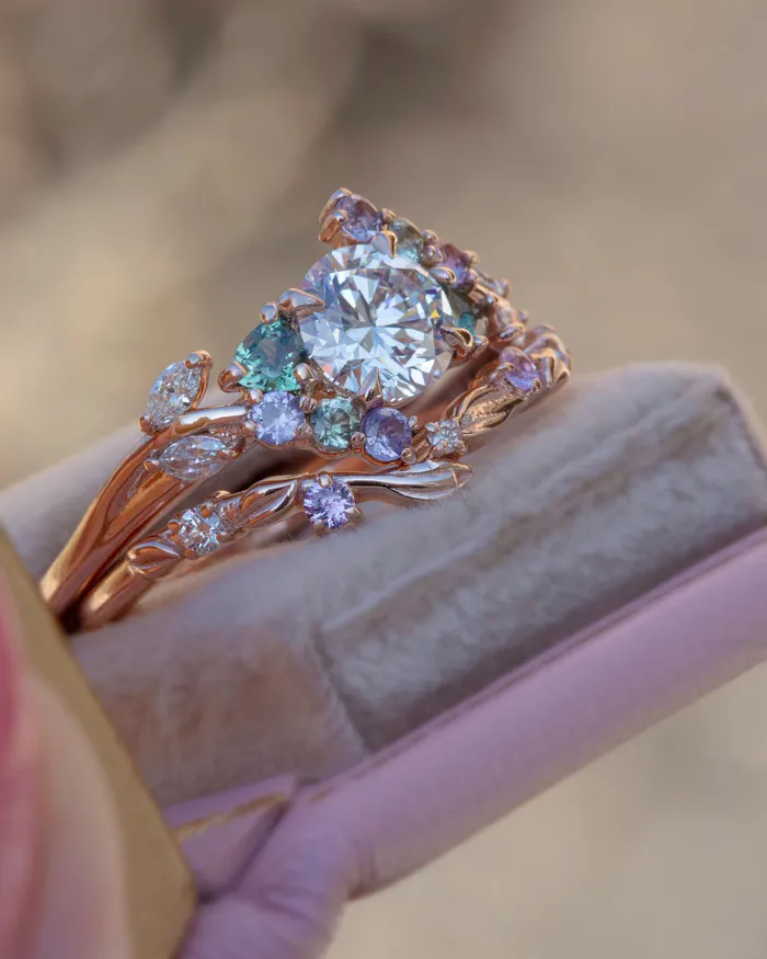 Nature Inspired Engagement Ring wDiamond and Sapphires 14K Gold Albrecht Jewellery Rings