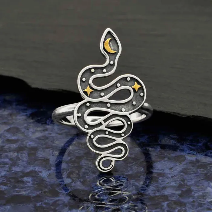 Rings Bliss Crystals Snake with Bronze Star Moon Sterling Silver Ring J045