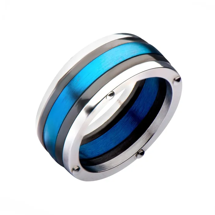 Rings INOX JEWELRY Silver Tone Blue and Black Stainless Steel Triple Lined Contemporary Band Ring