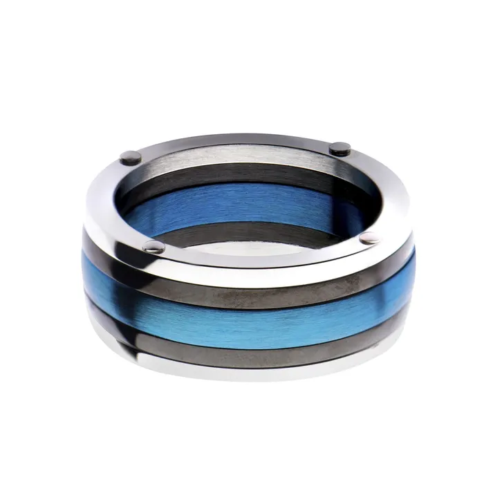 Rings INOX JEWELRY Silver Tone Blue and Black Stainless Steel Triple Lined Contemporary Band Ring